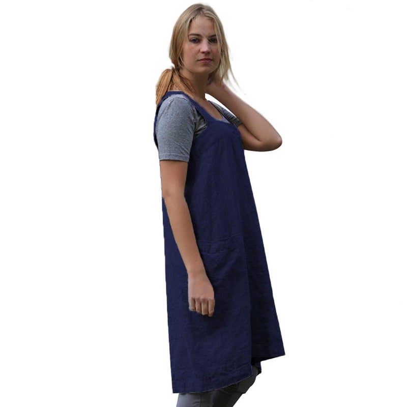 Larmliss Womenâ€™s Pinafore Square Apron Baking Cooking Gardening Works Cross Back Cotton/Linen Blend Dress with 2 Pockets Blue XL - Image 4